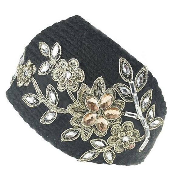 NWT Black Rhinestone Accent Floral Knit Warm Button Headwrap Ear Warmer Headband - Picture 1 of 6